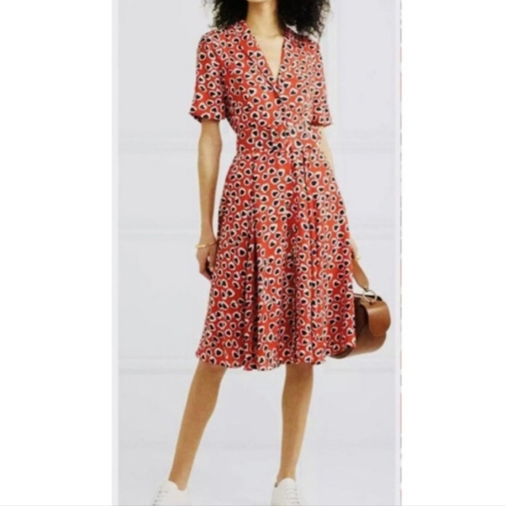 J. Crew Heart Leopard Button Front Midi Dress Red White Blue Size 2 - Picture 12 of 16